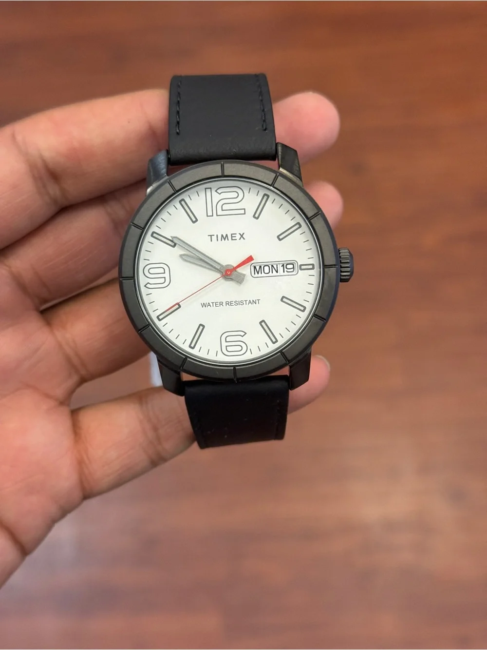 Timex Black Leather Strap Watch with White Dial and Red Seconds Hand Mens Watch